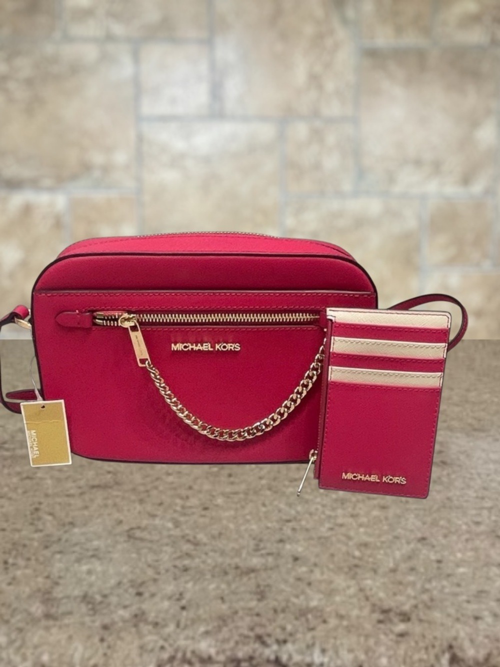 Michael Kors Large EW Chain Crossbody & Matching Wallet Electric Pink